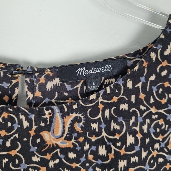 Madewell Silk Blouse 3/4 Bell Sleeve Peplum Patterned Black Multicolor Size L - Picture 11 of 11